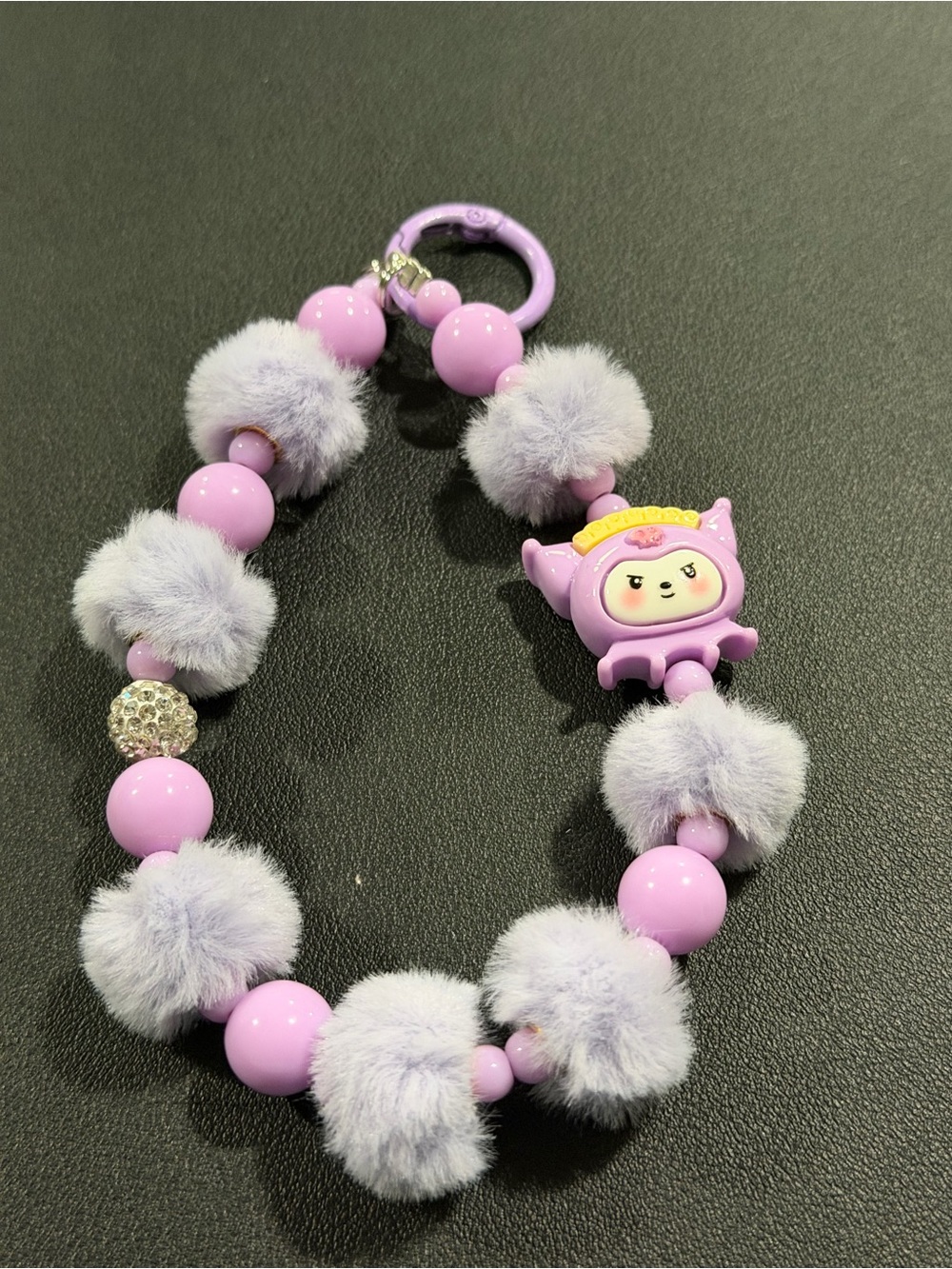 Lilac Furry Bead Keychain with Cute Character Charm